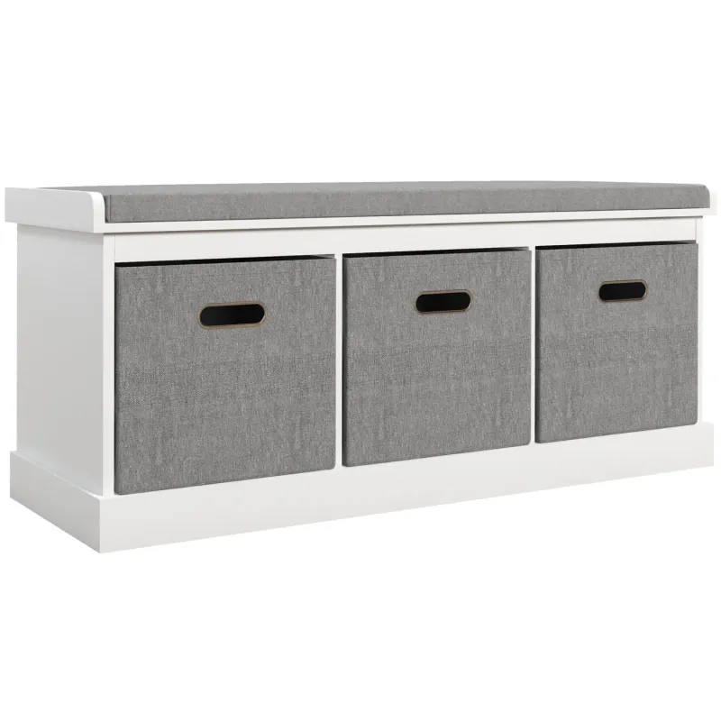 Three-Drawer Shoe Storage Bench with Padded Seat - White