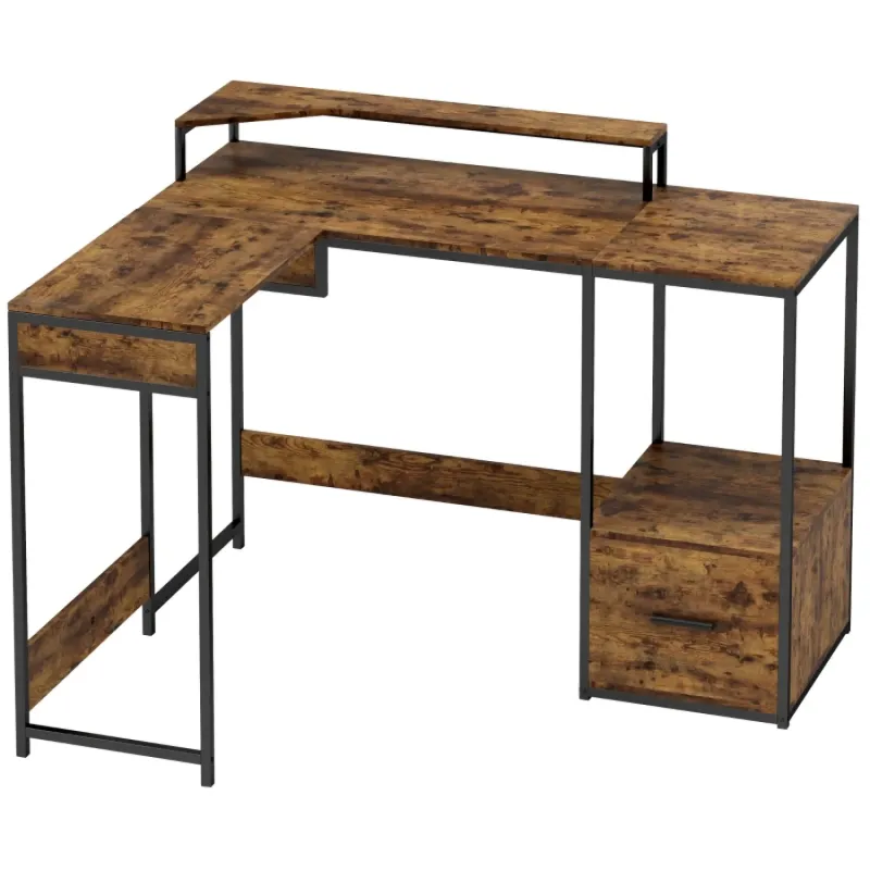 Industrial L-Shaped Desk with Lift-Top Standing Section, Filing Drawer & Monitor Shelf - Dark Wood Effect