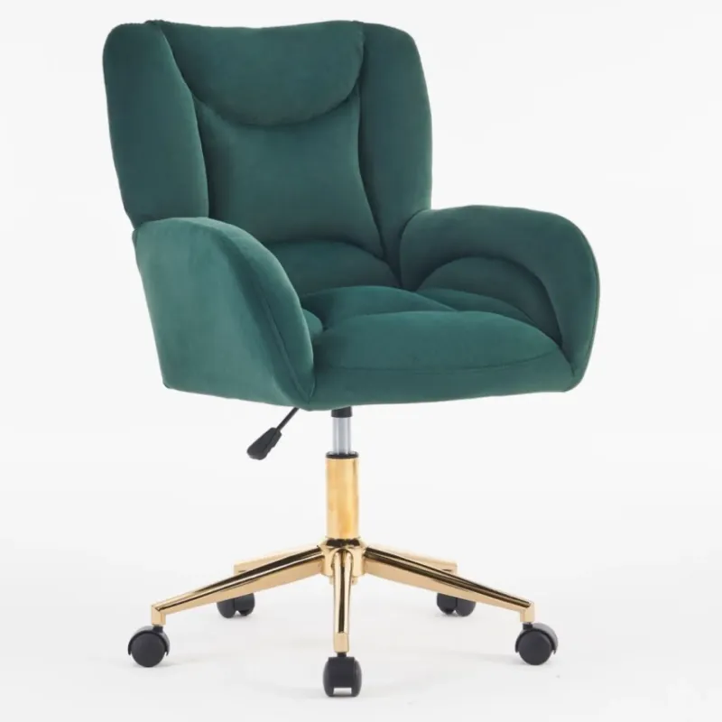 Green Velvet Swivel Home Office Chair with Adjustable Height and Gold Base