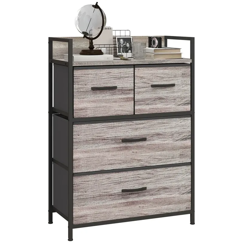 Rustic 4 Drawer Fabric Chest - Grey Wood Effect