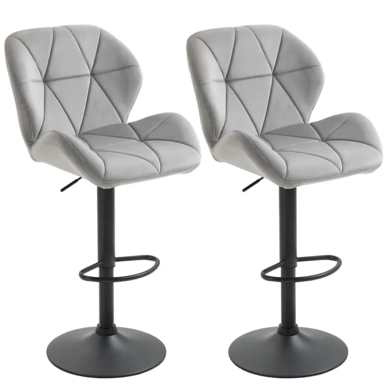 Bar Stools, Set of 2, Upholstered Steel in Light Grey with Swivel and Backrest