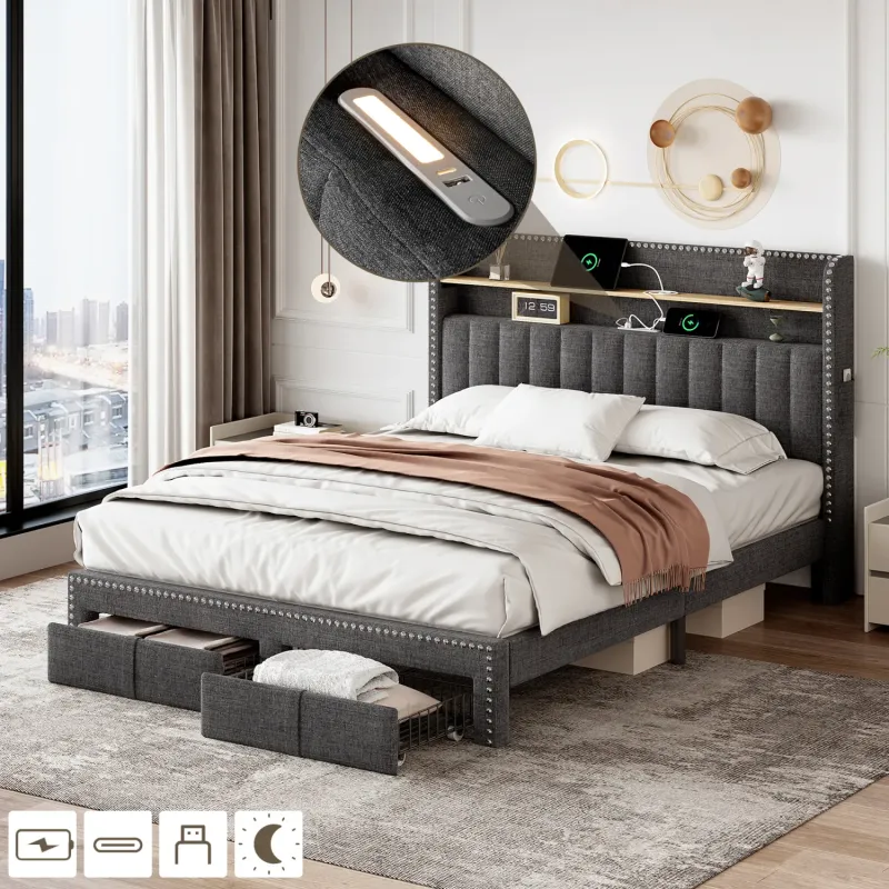Double Upholstered Bed Frame with Storage Drawers, LED Lighting and USB Charging - Grey Linen