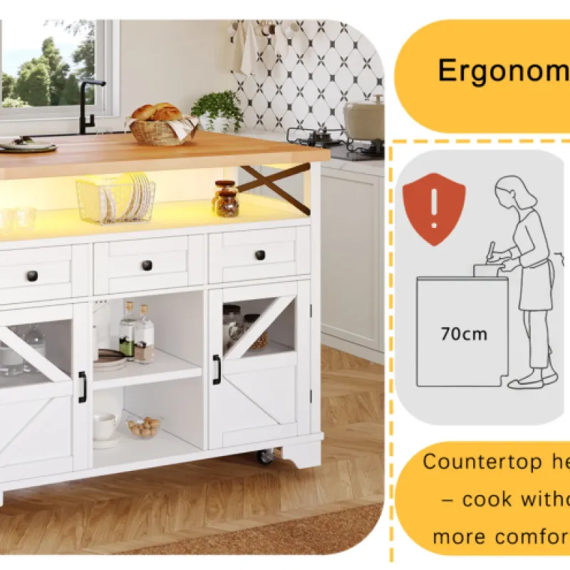 Multi-functional Kitchen Island with Drop-Leaf Table and Smart LED Lighting