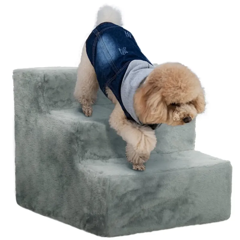 3-Step Pet Stairs with Washable Plush Cover - Light Grey