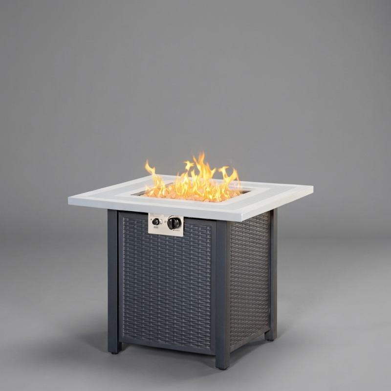 Outsunny 71cm Square Gas Fire Pit Table with Rattan Effect - Black/Grey