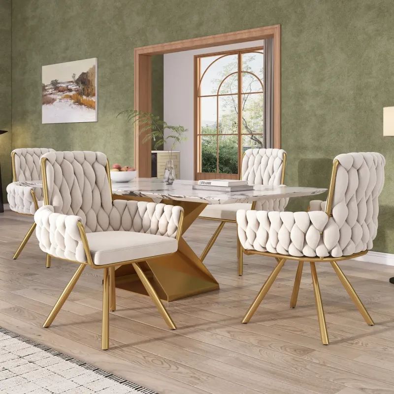 Set of 4 Beige Velvet Swivel Dining Chairs