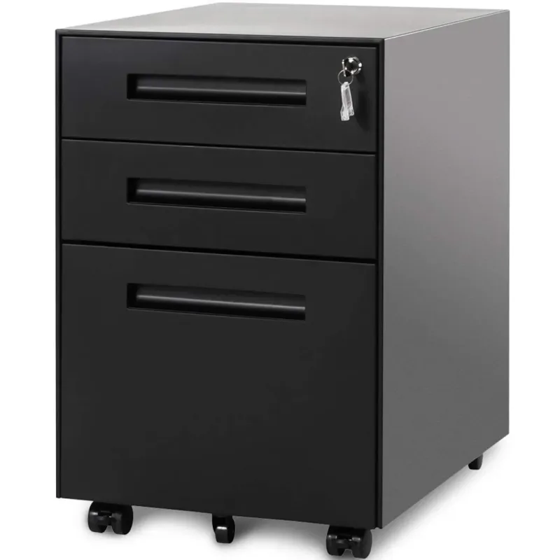 3 Drawer Steel Under Desk Filing Cabinet with Lock and Wheels - Black
