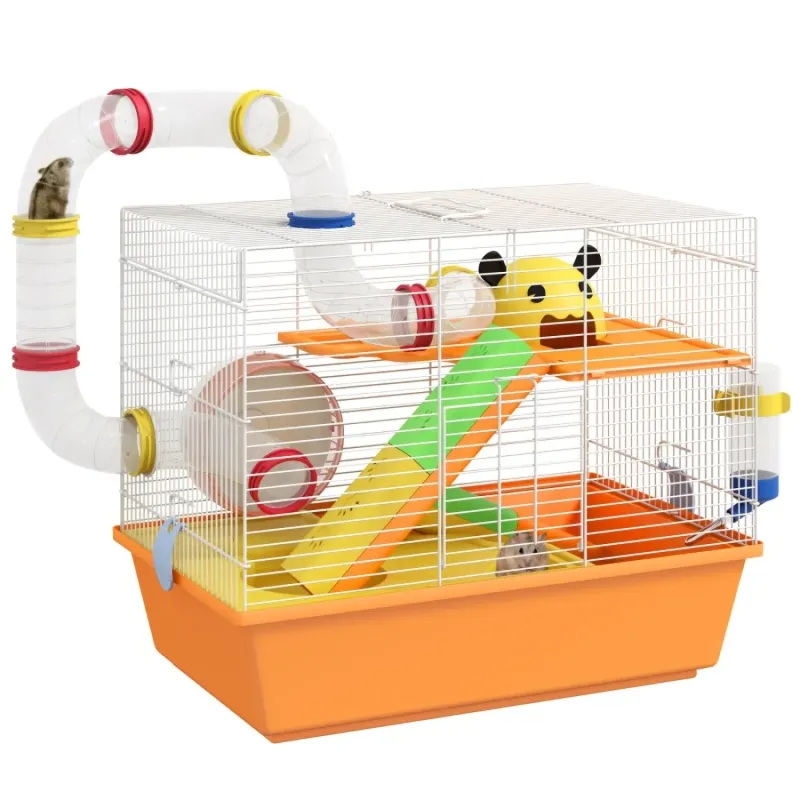 3-Tier Hamster and Gerbil Cage with Tubes and Exercise Wheel - Orange
