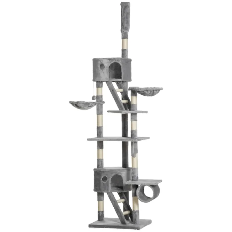 Floor to Ceiling Adjustable Cat Tree with Hammocks and Tunnel, 240-260cm - Light Grey