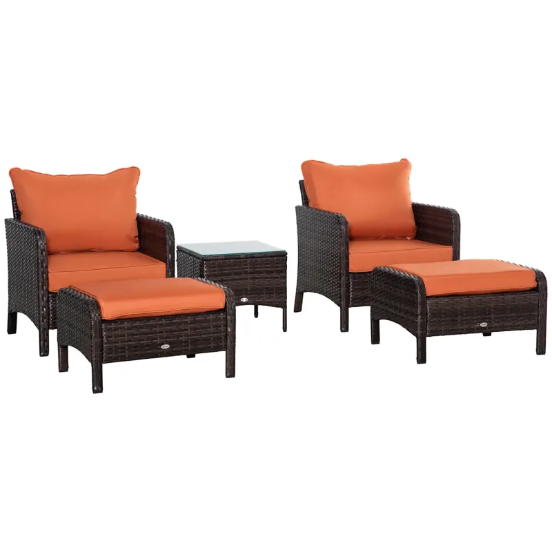  5 Piece Rattan Garden Lounge Set with 2 Armchairs, 2 Stools and Table - Brown
