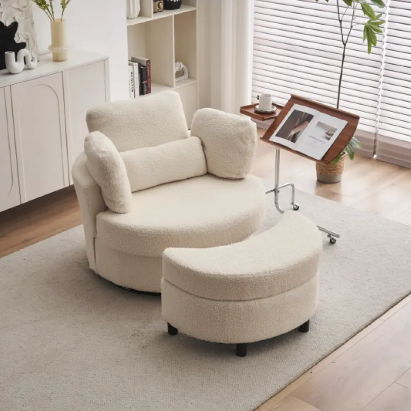 Oversized White Teddy Swivel Armchair with Crescent Ottoman and 3 Cushions