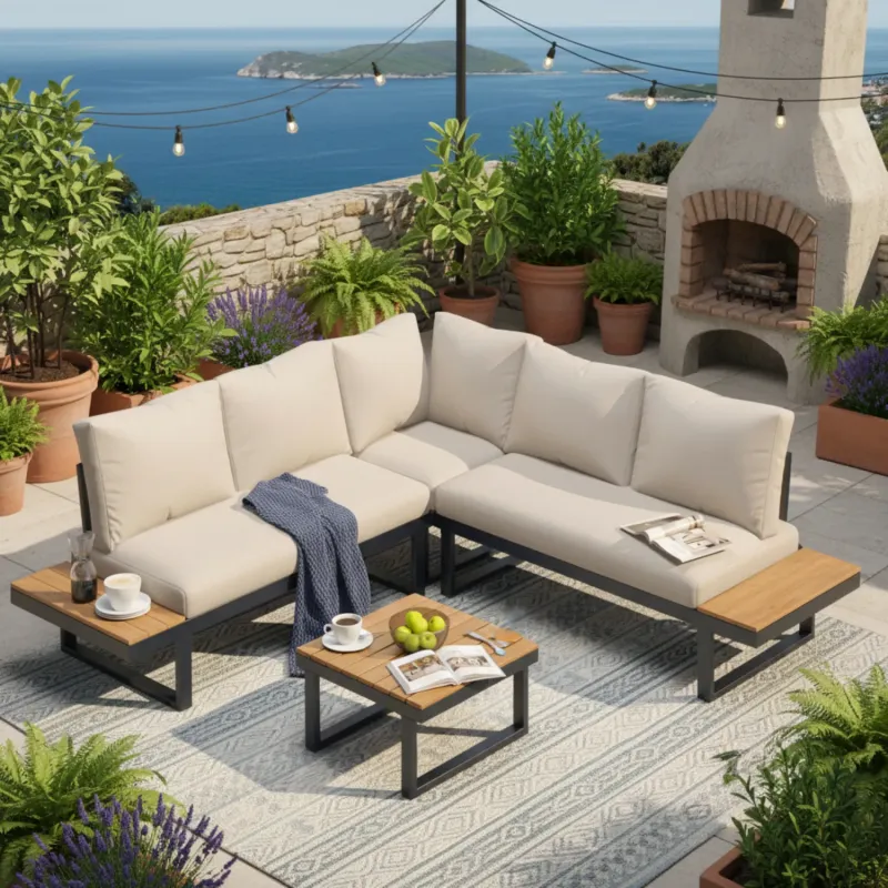 5 Seater Garden Lounge Set with Reclining Seat and WPC Coffee Table - Beige and Dark Grey
