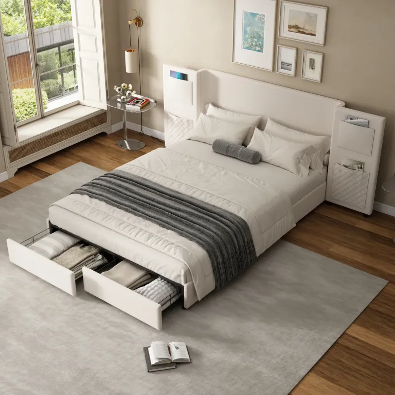 4ft6 Double Beige Velvet Upholstered Bed with 2 Drawers and Headboard Pockets