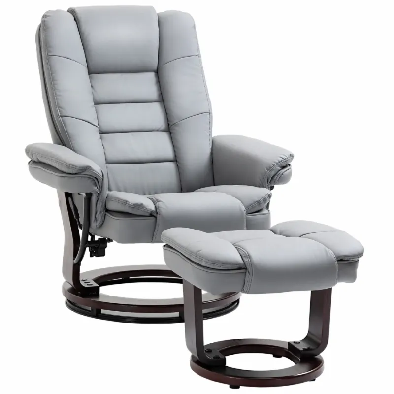 Grey Faux Leather Swivel Recliner Armchair with Matching Footstool