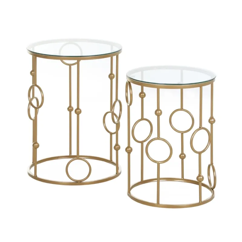 Round Nesting Coffee Tables Set of 2, Gold and Tempered Glass