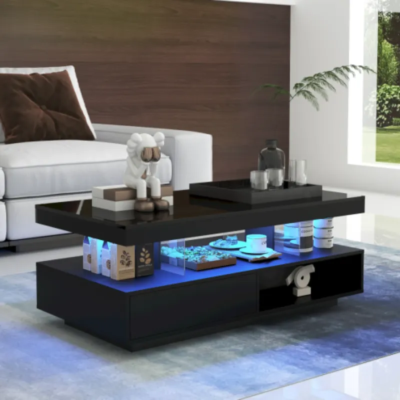 Black High Gloss Coffee Table with App-Controlled LED Lights and Drawers - 95cm