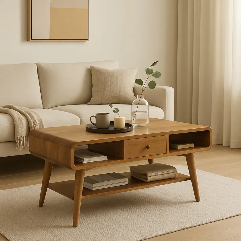 Curved Coffee Table, Solid Mango Wood in Oak-ish Brown, with 2 Drawers and Open Slots