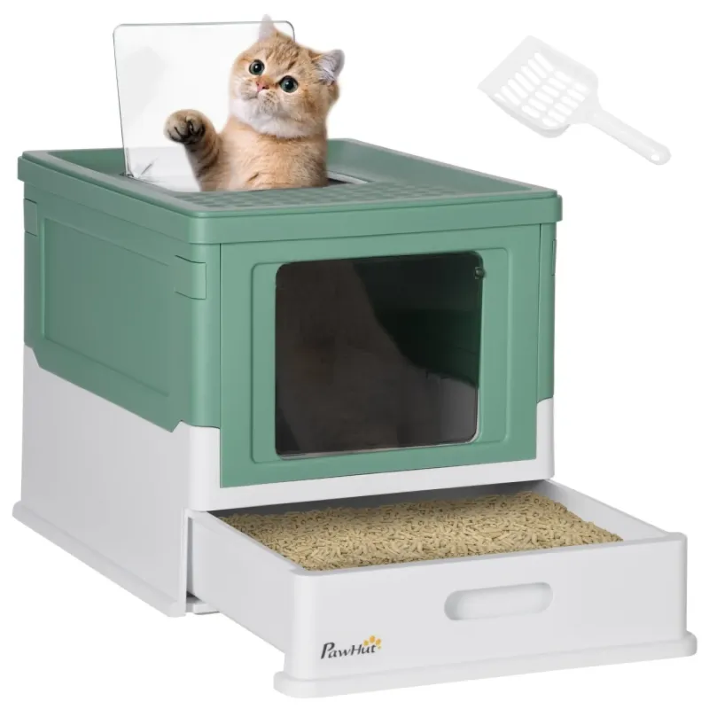 Hooded Cat Litter Box with Top Exit and Scoop - Green