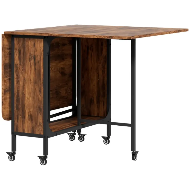 Drop Leaf Dining Table with Storage and Wheels - Rustic Brown & Black