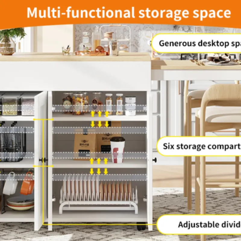 Extendable Bar Table with 6 Storage Shelves - White & Grey