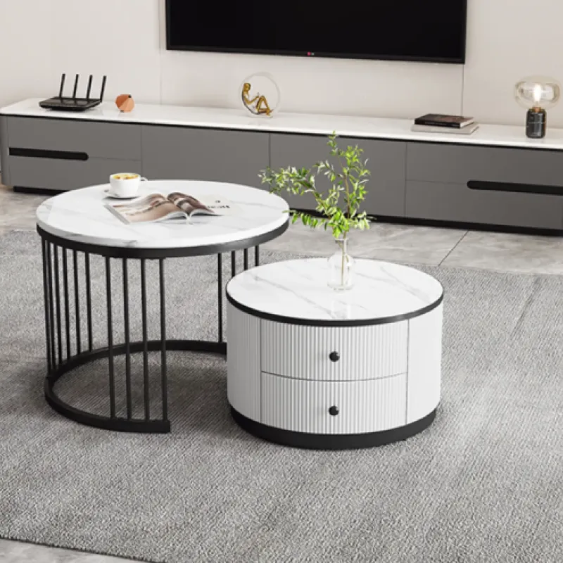 Round Nesting Coffee Table Set with Storage Drawers - White Marble Pattern & Black