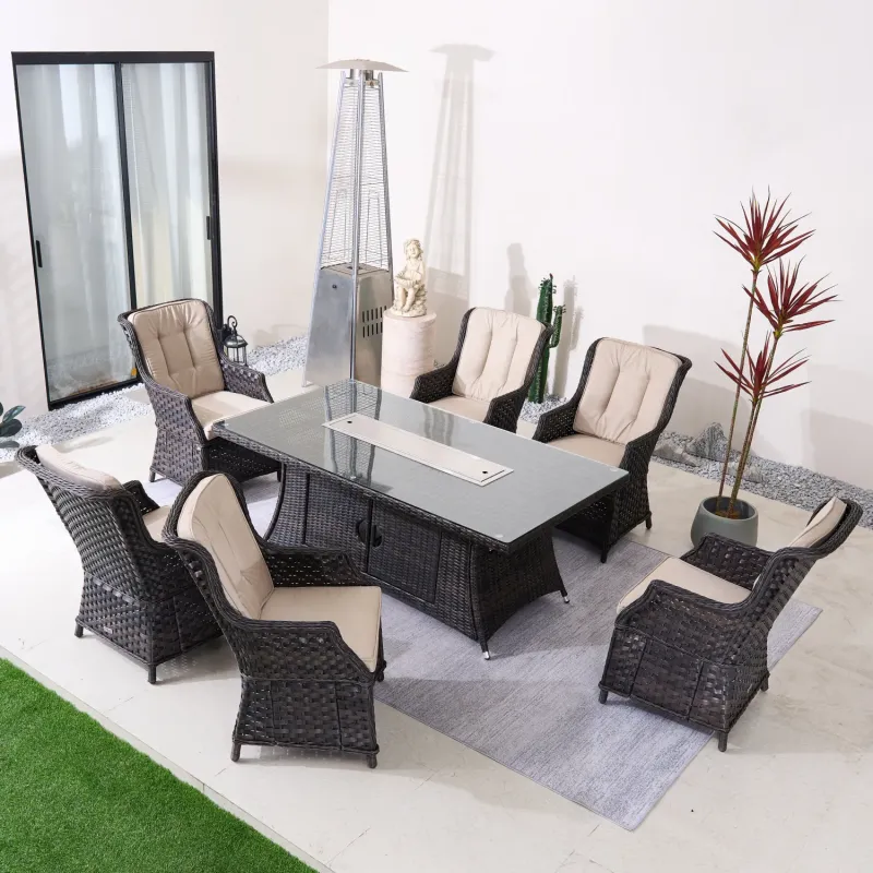 6-Seater Rattan Fire Pit Dining Set with Rectangular Table