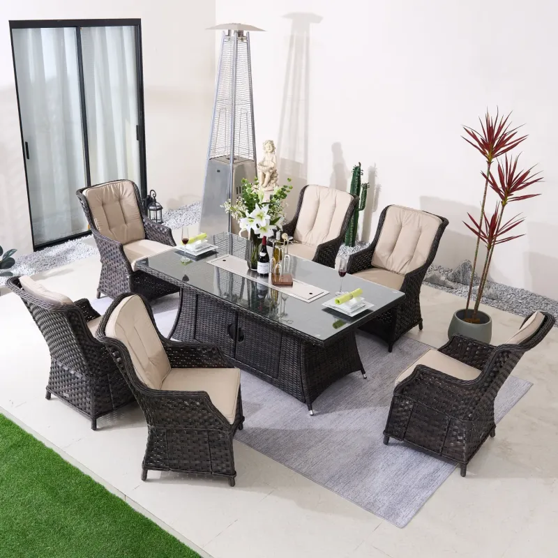 6-Seater Rattan Fire Pit Dining Set with Rectangular Table