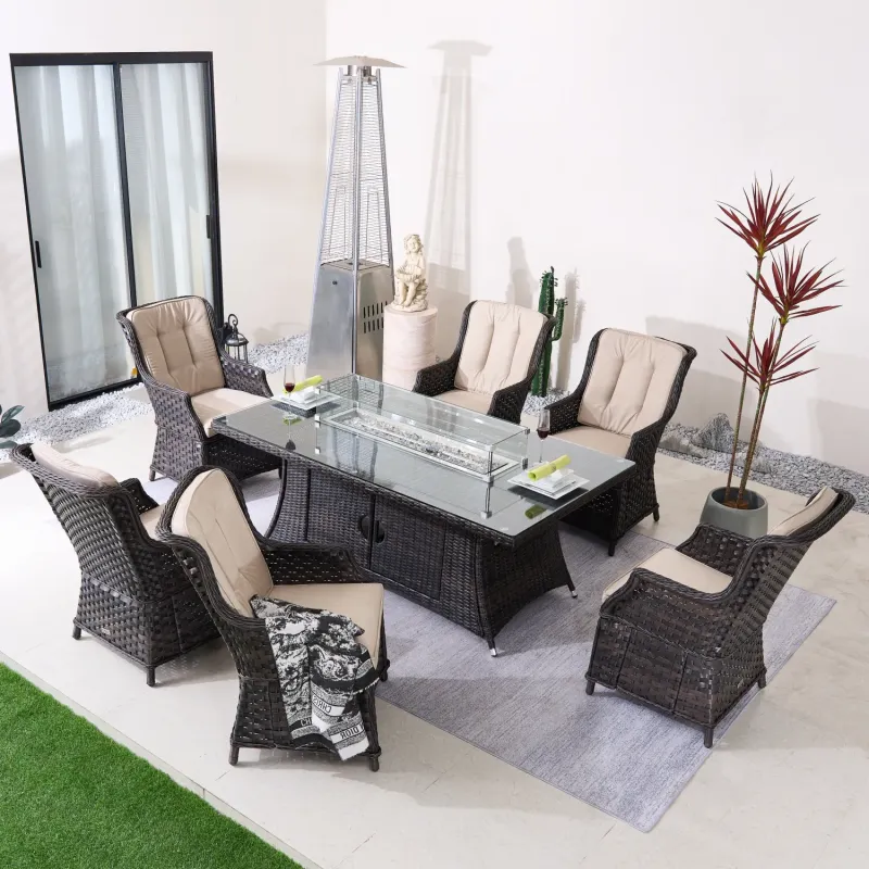 6-Seater Rattan Fire Pit Dining Set with Rectangular Glass Table