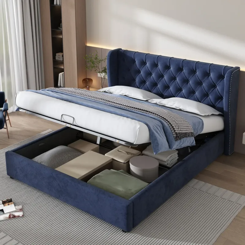 Velvet Upholstered Ottoman Storage Bed, 135 x 190 cm, Blue