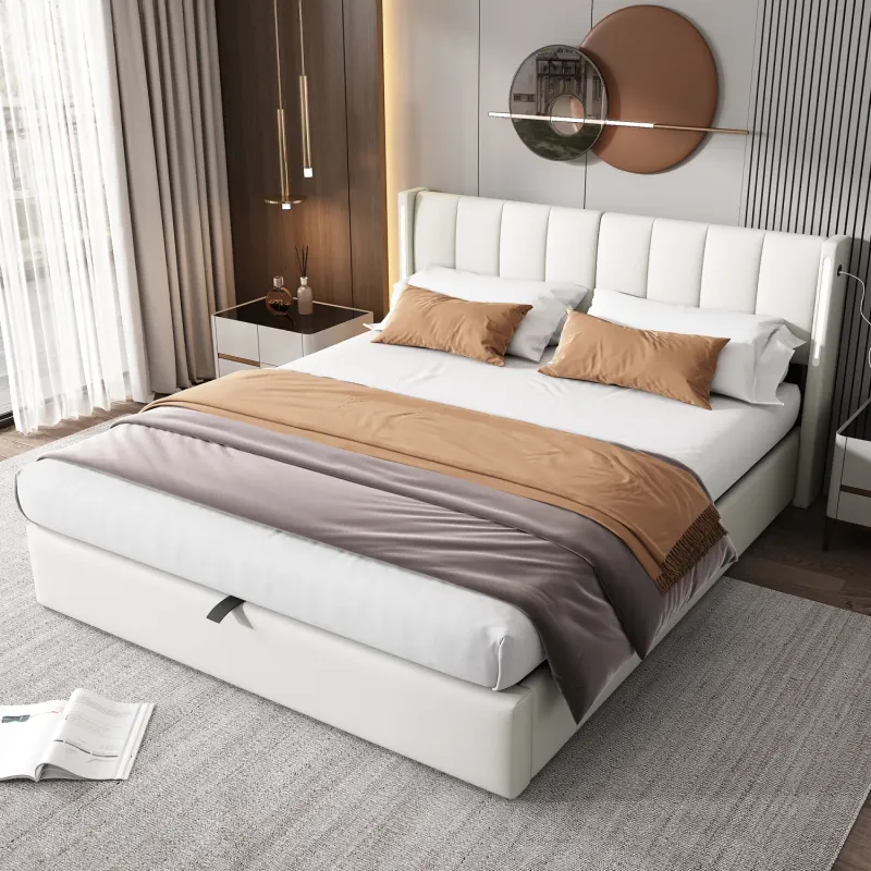 White PU Leather Double Ottoman Bed with LED Lighting and Adjustable Headboard