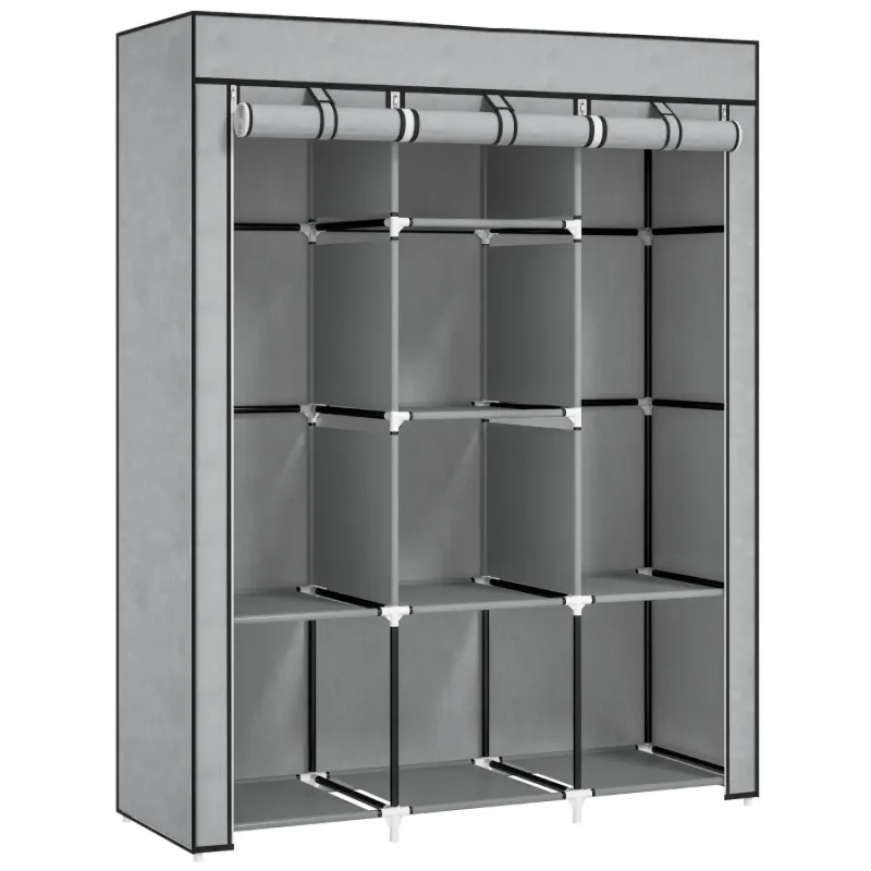 Fabric Wardrobe with 2 Hanging Rails and 8 Shelves - Light Grey