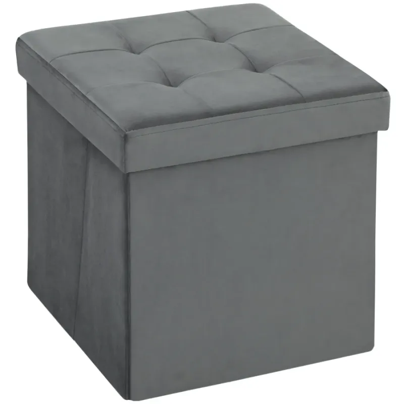 Grey Velvet-Feel Foldable Storage Ottoman and Padded Footstool