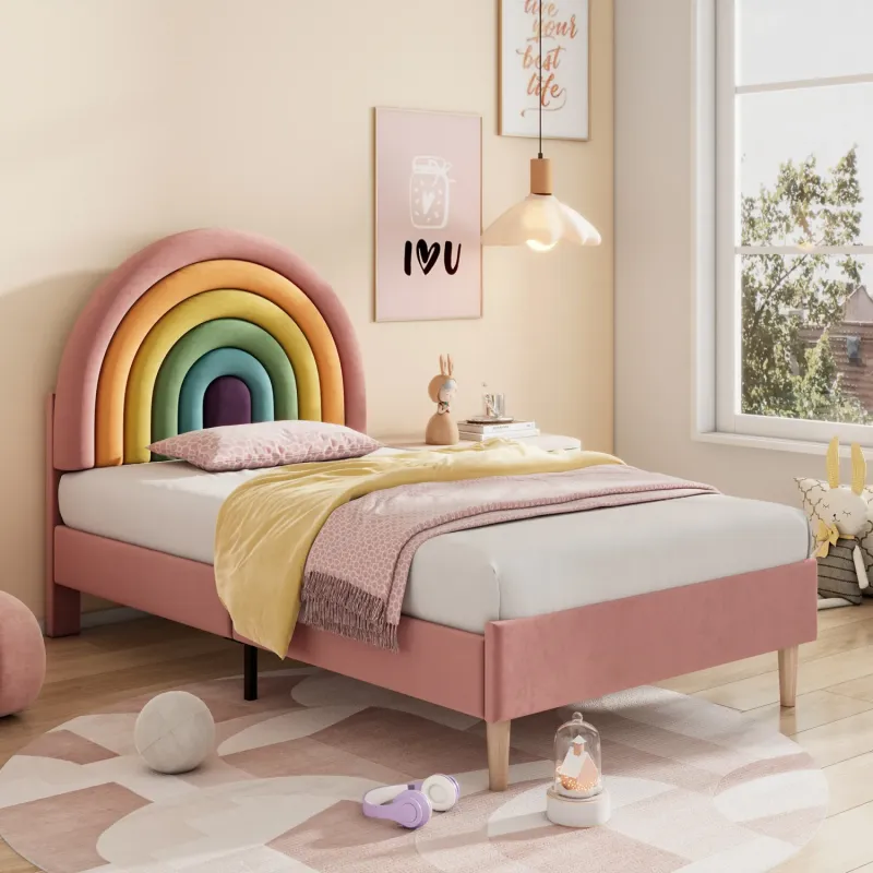 Rainbow Velvet Upholstered Single Bed Frame with Adjustable Headboard, Pink