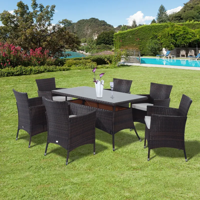  6 Seater Rattan Garden Dining Set with Glass Top Table and Cushions - Brown
