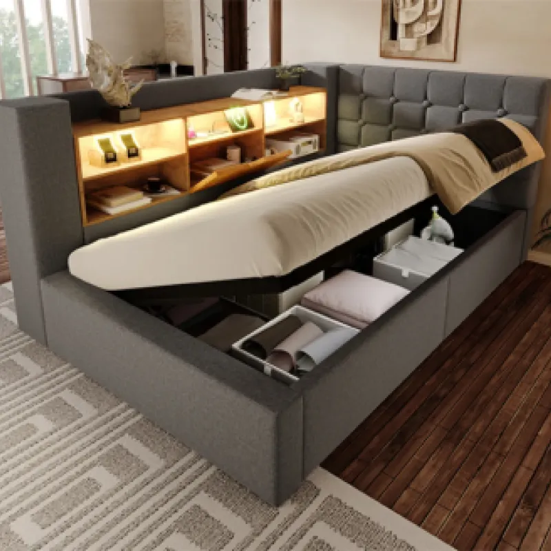 L-Shaped Upholstered Daybed with Hydraulic Storage and USB Charging, 3FT Single - Grey Linen