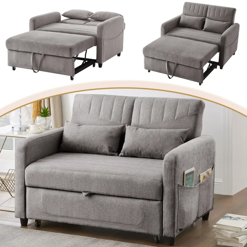 Cotton-Linen Sofa Bed, 2 Seater, with 3-Level Adjustable Backrest & Pull-Out Function