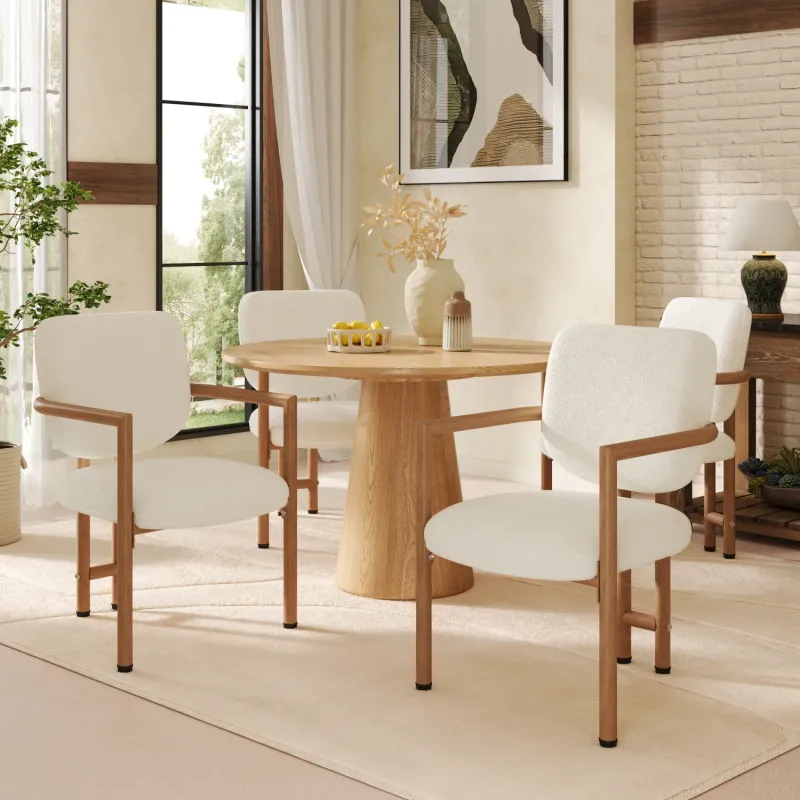 Set of 4 Bouclé Dining Chairs with Wood Grain Finish Metal Frame - Beige