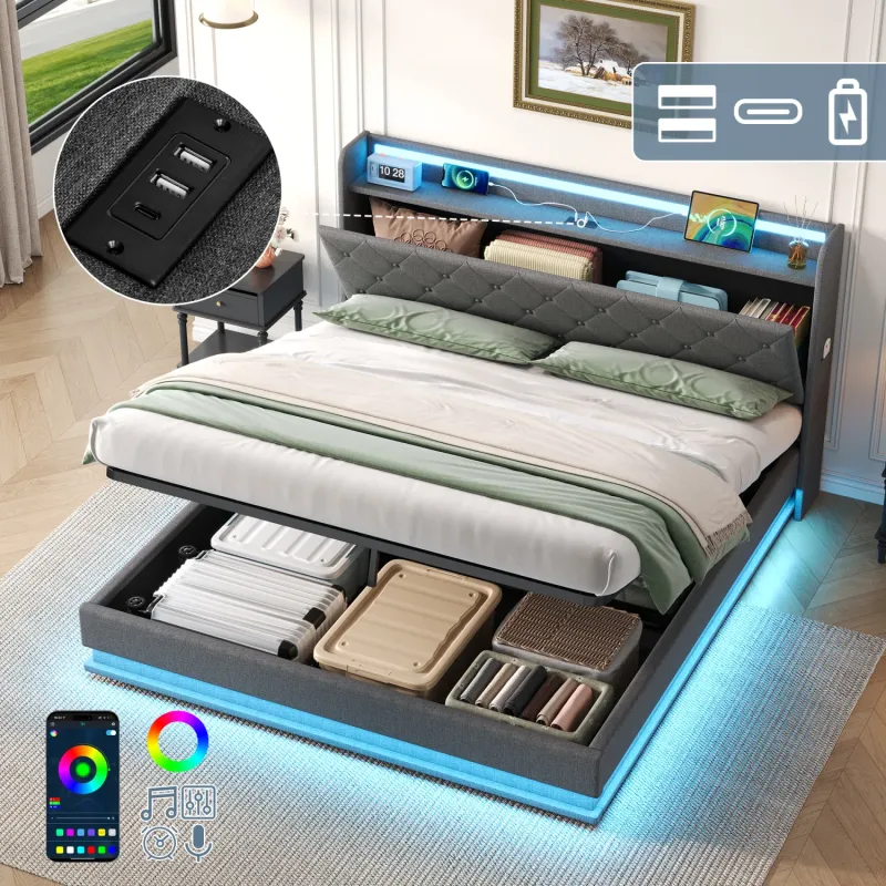 4ft6 Double Upholstered Hydraulic Storage Bed with LED Headboard and Charging Station - Grey Linen