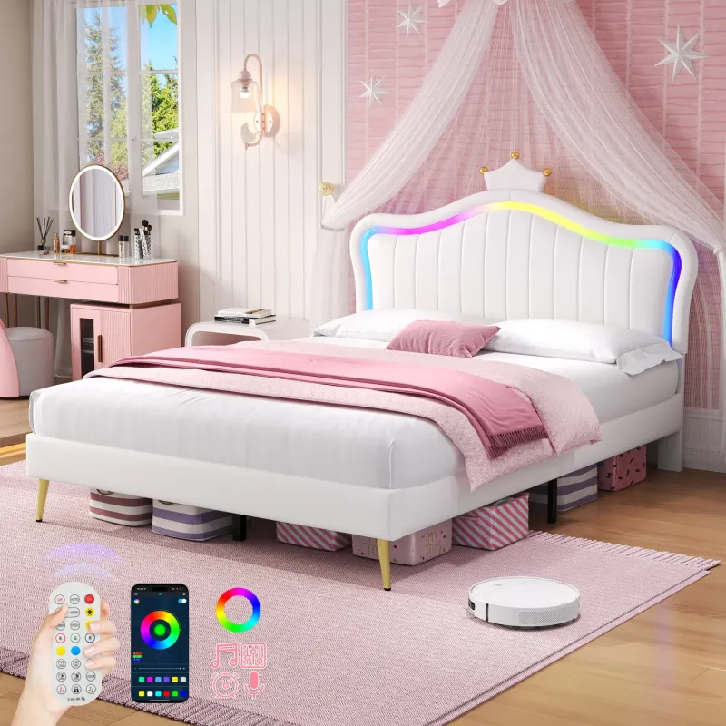 Cream White Double Upholstered Bed Frame with LED Crown Headboard