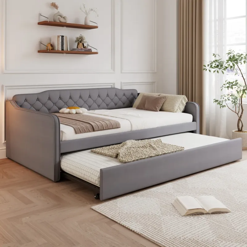 Velvet Upholstered Daybed, 4ft6 Double, in Grey, with Pull-Out Trundle