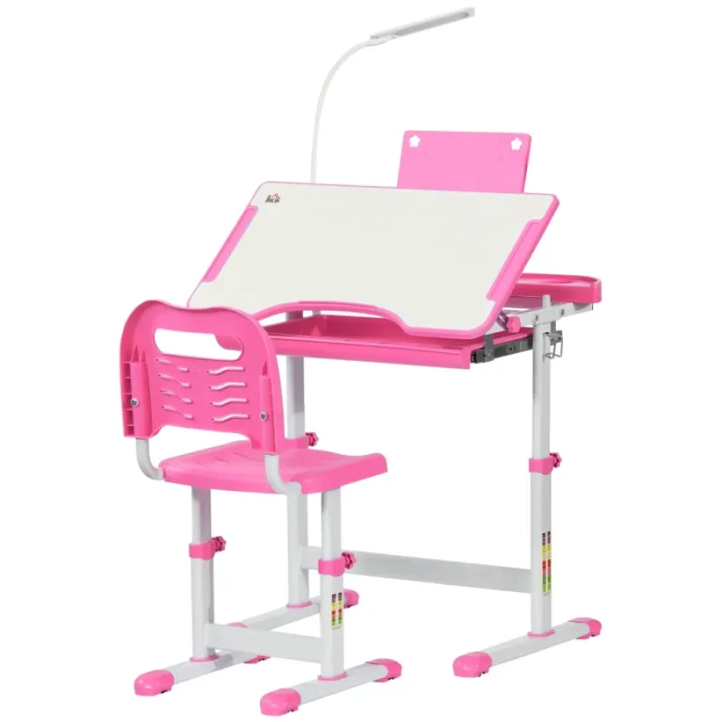 Adjustable Height Kids Study Desk and Chair Set with Lamp - Pink