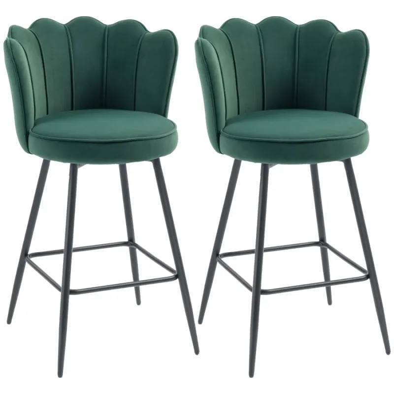 Set of 2 Dark Green Velvet-Feel Scalloped Back Bar Stools