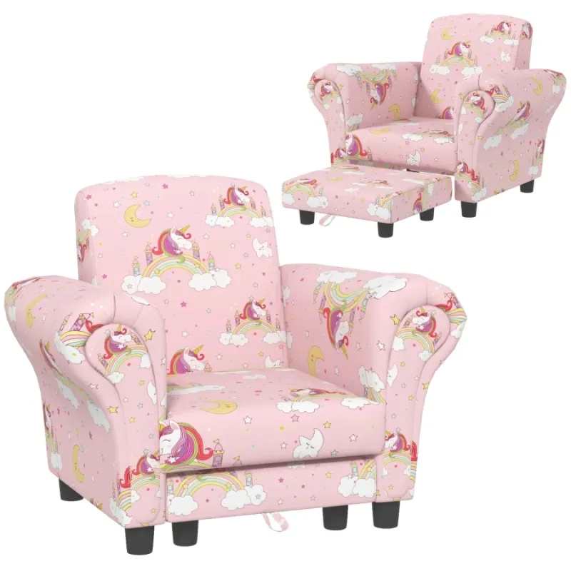 Unicorn Kids 2 Piece Armchair and Stool Set - Pink
