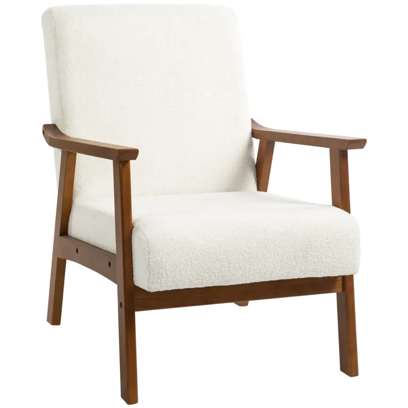 Boucle Mid Century Accent Chair, in White, with Wooden Frame