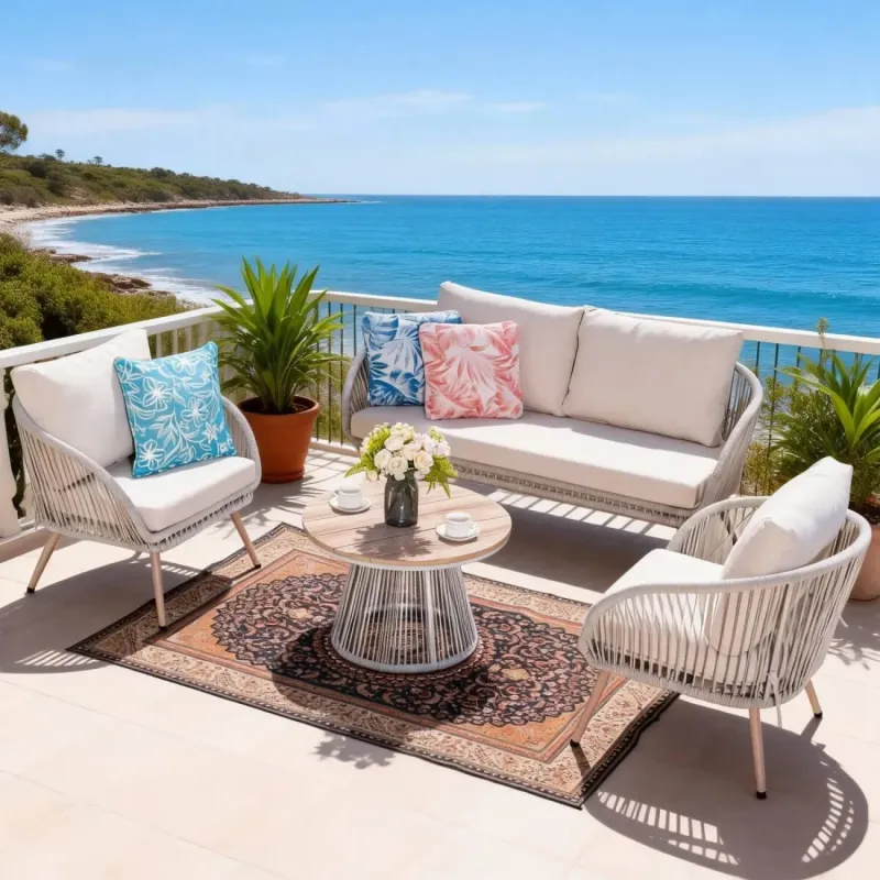 4-Seater Metal and Twisted Rattan Garden Lounge Set with Round Coffee Table