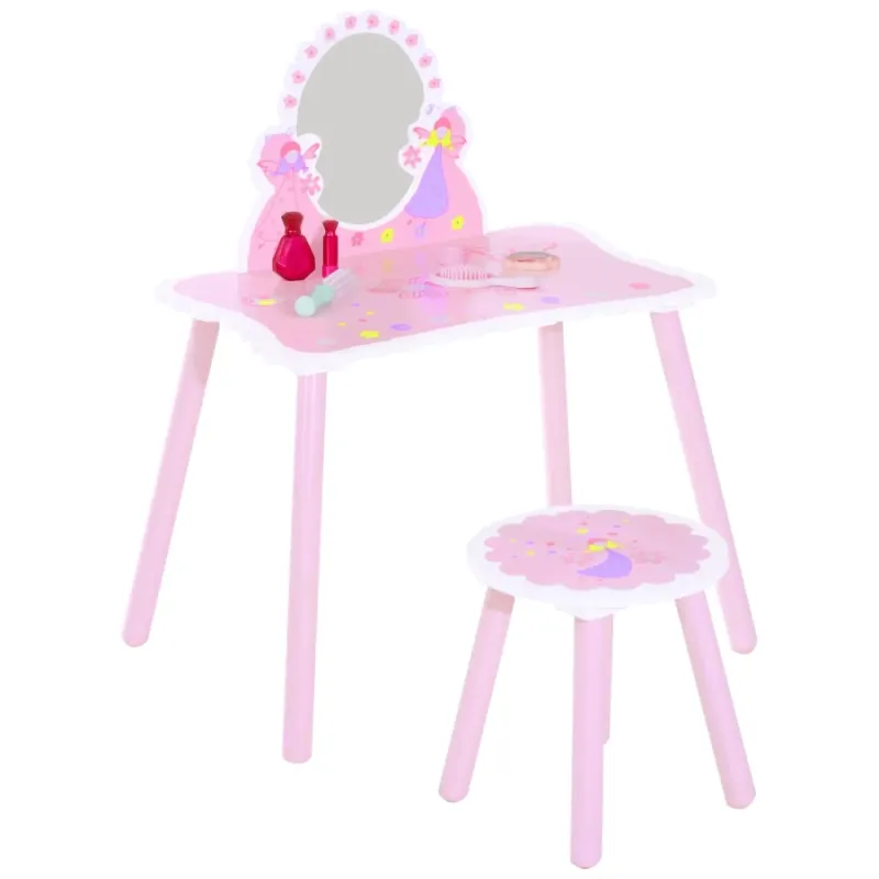Kids Wooden Dressing Table and Stool Set with Mirror - Pink