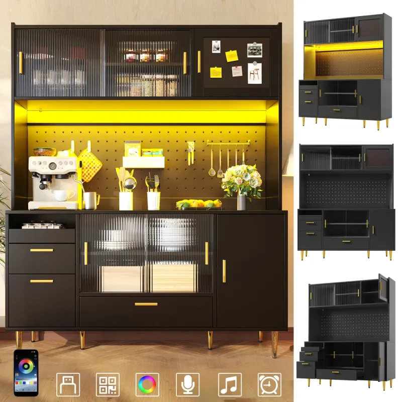 Tall Kitchen Larder & Display Cabinet with App-Controlled LED Lighting, Black