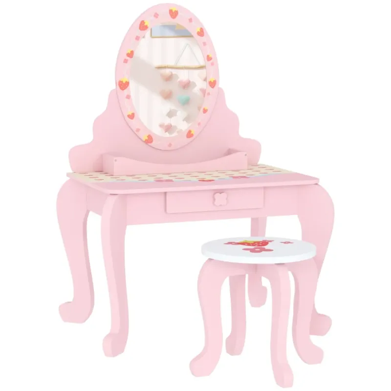 Kids Strawberry-Themed Vanity Dressing Table Set with Stool and Mirror - Pink