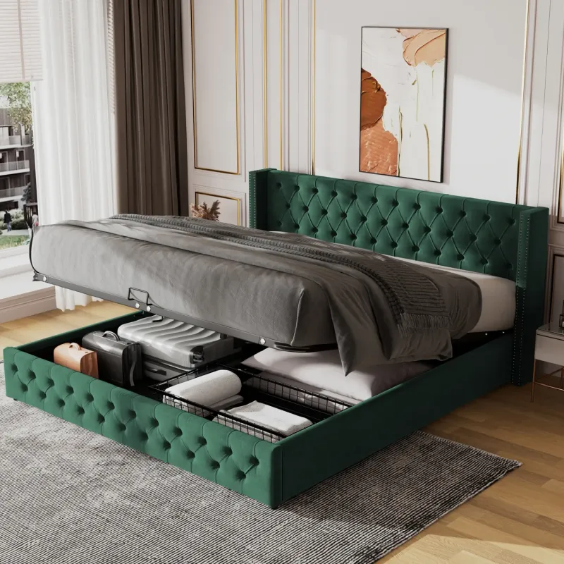 Green Velvet Ottoman Storage Bed, Double