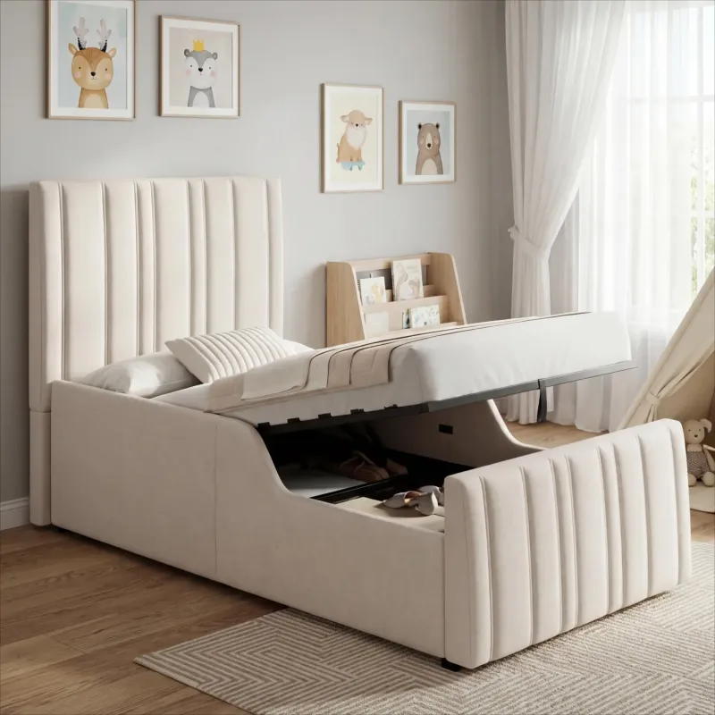 Linen Upholstered Ottoman Storage Bed with Side Rails, 3ft Single, Beige